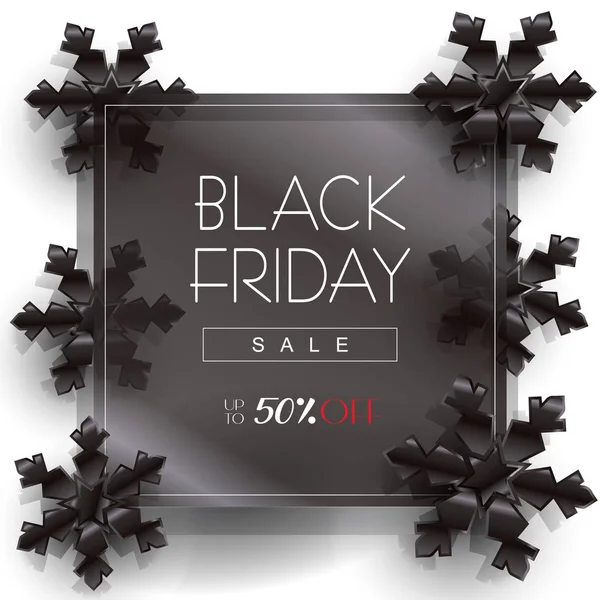 Black Friday Venta diseño de póster, plantilla. Ilustración vectorial. Viernes Negro Venta de descuento fondo de pantalla con etiqueta de precio, copos de nieve negro, confeti brillo de oro sobre fondo de vidrio negro. Venta de vacaciones Publicidad banner web . — Archivo Imágenes Vectoriales