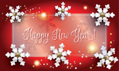 Mutlu Noeller ve parlayan toplar, köknar ağacı, düşen kar, ışıltı, altın kar taneleri ve konfeti içeren mutlu yıllar tebrik kartı. 2022 Noel dekorasyon ışık efekti. Vektör kartı. Kış tatili çerçevesi.