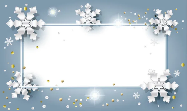 Feliz Navidad y Feliz Año Nuevo tarjeta de felicitación con brillo, copos de nieve de plata, confeti. 2022 Decoración de Navidad efecto de luz 3D. Tarjeta vectorial. Marco de vacaciones de invierno. — Vector de stock