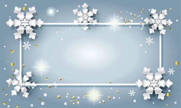 Feliz Navidad y Feliz Año Nuevo tarjeta de felicitación con brillo, copos de nieve de plata, confeti. 2022 Efecto de luz de decoración de Navidad. Tarjeta vectorial. Marco de vacaciones de invierno. — Archivo Imágenes Vectoriales