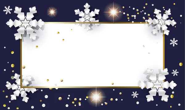 Frohe Weihnachten und ein gutes neues Jahr Glückwunschkarte mit Funkeln, silbernen Schneeflocken, Konfetti 3D-Design. 2021 Weihnachtsdekoration Lichteffekt. Vektor-Kartenvorlage Winter Holiday Frame mit Platz für Text weiß leere Seite Banner Zeichen Einladungsflyer — Stockvektor