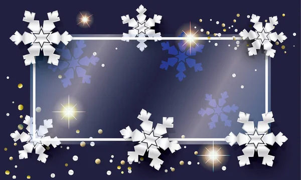 Mutlu Noeller ve mutlu yeni yıl tebrik kartları. Işıltılı, gümüş kar taneleri ve konfeti elementleriyle donanma mavisi arka plan. 2022 Noel 3D dekorasyon ışık efekti. Vektör kartı. Kış tatili çerçevesi davetiye şablonu boş sayfa güzel işareti — Stok Vektör