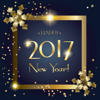 2017 parıltı, neşeli Noel ve mutlu yeni yıl tebrik kartıyla düşmek kar, cam, altın kar tanesi ve konfeti. Kış tatili için. Noel dekorasyonu. Işık parlama efekti. Lüks kartı. Vektör çizim.
