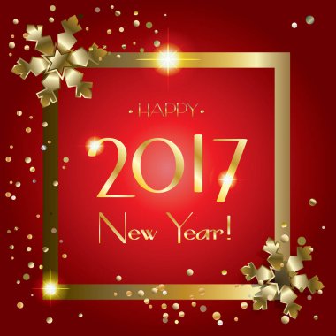 2017 parıltı, neşeli Noel ve mutlu yeni yıl tebrik kartıyla düşmek kar, cam, altın kar tanesi ve konfeti. Kış tatili için. Noel dekorasyonu. Işık parlama efekti. Lüks kartı. Vektör çizim.