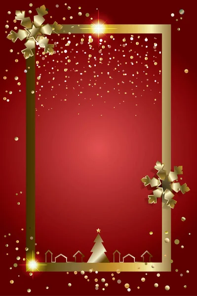 Feliz Natal e Feliz Ano Novo cartão de saudação com flocos de neve de ouro brilho, brilhos, queda de neve e confete. 2022 Luxo Natal decoração 3D efeito de luz Inverno cartão de férias. Vector xmas frame template copy space for wishes text blank page — Vetor de Stock