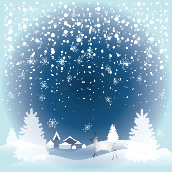 Neşeli Noel ve mutlu yeni yıl tebrik kartı köknar ağacı, Ren geyiği, geyik, şehir, düşen kar taneleri, gerçekçi kar yağışı ve dekoratif öğeler. 2017 Victoria kış tatili. Vektör duvar kağıdı — Stok Vektör