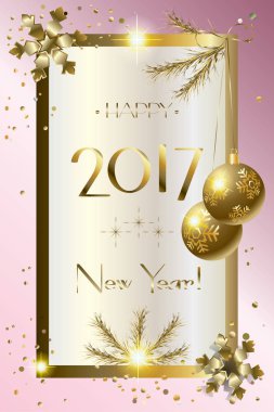 Vektör neşeli Noel ve mutlu yeni yıl 2017 lüks tebrik kartları ile kar, çam ağacı, ışıltı, kar taneleri, Noel top, etkisi, altın öğe hafifletmek. Noel dekorasyonu. Lüks süsleme. Kış tatili poster.