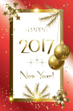 Vektör neşeli Noel ve mutlu yeni yıl 2017 lüks tebrik kartları ile kar, çam ağacı, ışıltı, kar taneleri, Noel top, etkisi, altın öğe hafifletmek. Noel dekorasyonu. Lüks süsleme. Kış tatili poster.