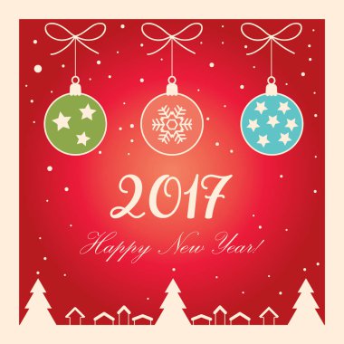 Vektör Vintage neşeli Noel ve mutlu yeni yıl 2017 kartpostal arka plan ile kar, çam ağacı, ışıltı, kar taneleri, Noel top, Festival öğesi. Noel dekorasyonu. Retro süsleme. 2017 kış tatili poster.