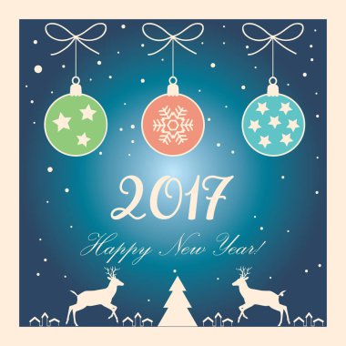 Vektör Vintage neşeli Noel ve mutlu yeni yıl 2017 kartpostal arka plan ile kar, çam ağacı, ışıltı, kar taneleri, Noel top, Festival öğesi. Noel dekorasyonu. Retro süsleme. 2017 kış tatili poster.