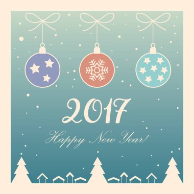 Vektör Vintage neşeli Noel ve mutlu yeni yıl 2017 kartpostal arka plan ile kar, çam ağacı, ışıltı, kar taneleri, Noel top, Festival öğesi. Noel dekorasyonu. Retro süsleme. 2017 kış tatili poster.