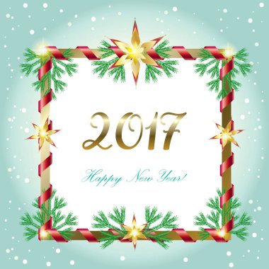 Vektör neşeli Noel ve mutlu yeni yıl 2017 kartpostal arka plan ile kar, Ren geyiği, çam ağacı, ışıltı, kar taneleri, Noel top, etkisi, altın öğe hafifletmek. Noel dekorasyonu. Lüks süsleme. Kış tatili poster.