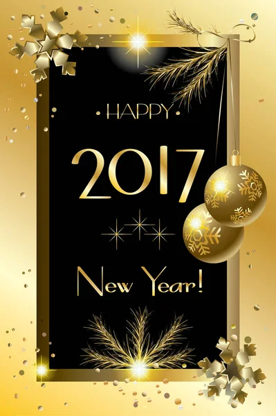 Vektör neşeli Noel ve mutlu yeni yıl 2017 lüks tebrik kartları ile kar, çam ağacı, ışıltı, kar taneleri, Noel top, etkisi, altın öğe hafifletmek. Noel dekorasyonu. Lüks süsleme. Kış tatili poster.
