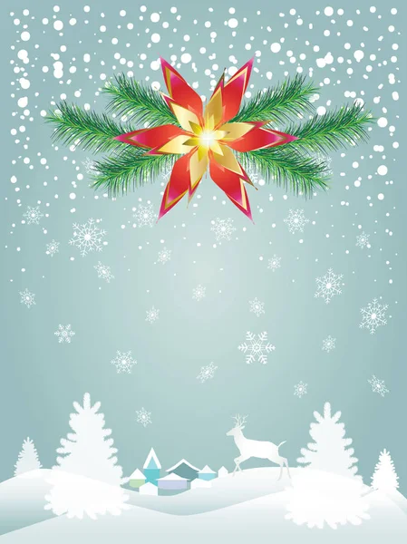 Vektör neşeli Noel ve mutlu yeni yıl 2017 kartpostal arka plan ile Ren geyiği, kar, çam ağacı, ışıltı, kar taneleri, Noel top, etkisi, Noel dekorasyonu hafifletmek. Retro süsleme. Kış tatili poster. — Stok Vektör