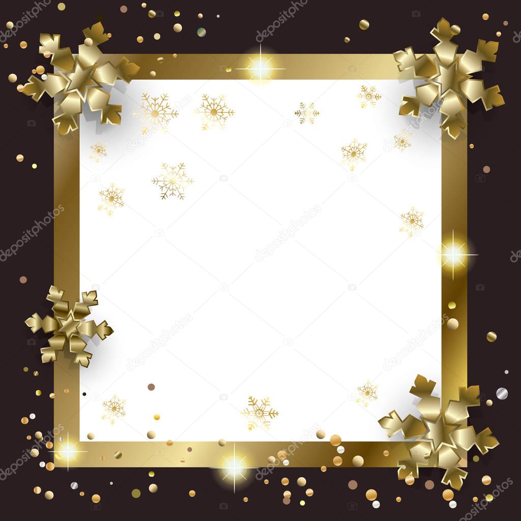 Vector Luxury frame for Merry Christmas and Happy New Year 2022 greeting cards background with snow, glitter sparkle, snowflakes lighten effect gold elements Christmas decoration Luxury ornament Winter Holiday sign template copy space for text blank
