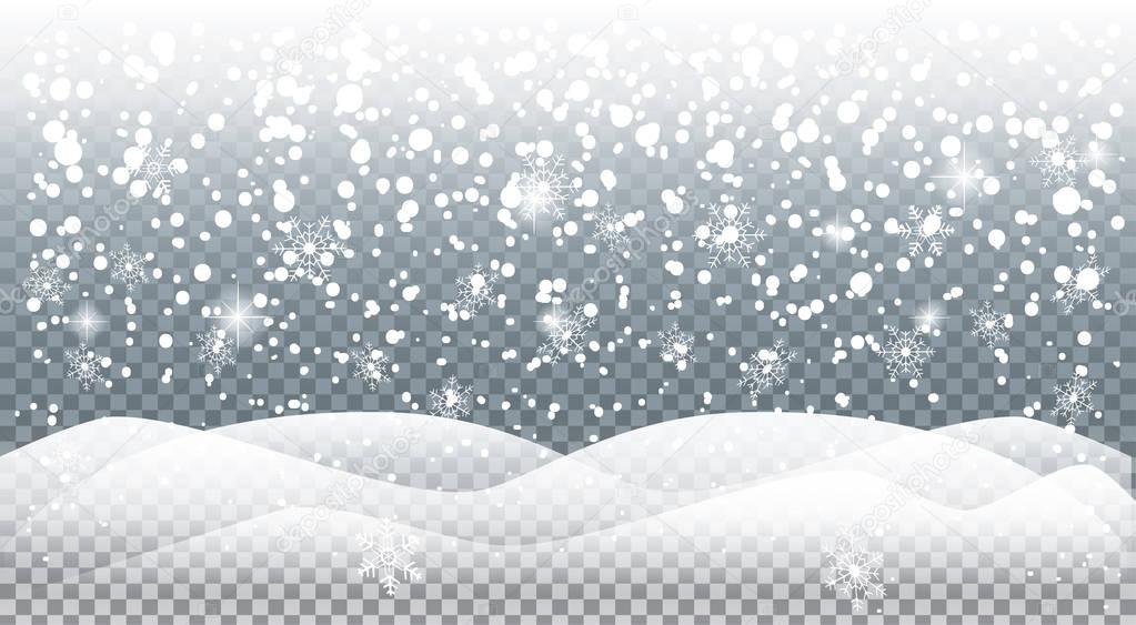 Realistic falling snow, snowflakes landscape Vector for Merry Christmas and Happy New Year 2022 greeting cards background with snow, snowflakes, Christmas lighten effect, Christmas decoration. Luxury ornament. Winter Holiday poster sign template