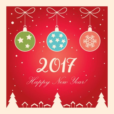 Mutlu yeni yıl 2017 yazı tebrik kartı kar, Ren geyiği, çam ağacı, ışıltı, kar taneleri ile. Noel dekorasyonu. Kış tatili poster.