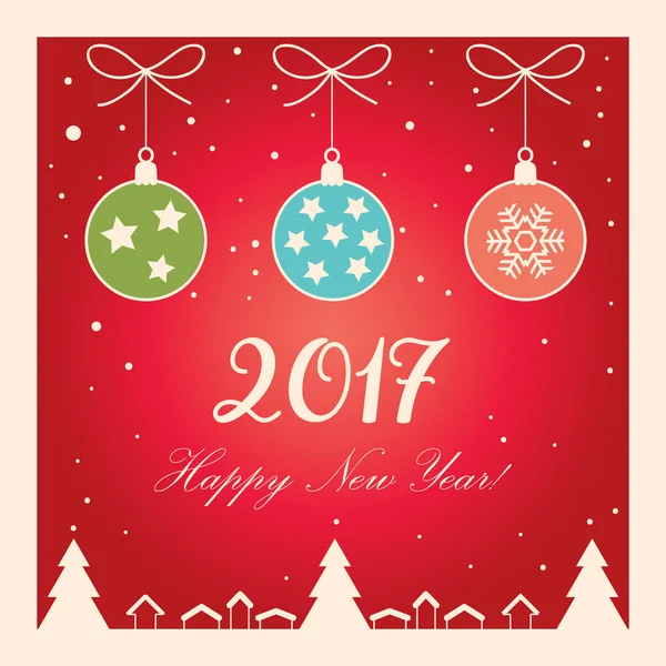 Mutlu yeni yıl 2017 yazı tebrik kartı kar, Ren geyiği, çam ağacı, ışıltı, kar taneleri ile. Noel dekorasyonu. Kış tatili poster.