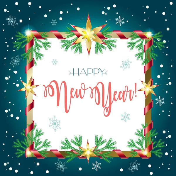 눈, 순 록, 전나무 나무, 스파클, 눈송이 함께 행복 한 새 해 2017 레터링 인사말 카드. 크리스마스 장식입니다. 겨울 휴가 포스터. — 스톡 벡터