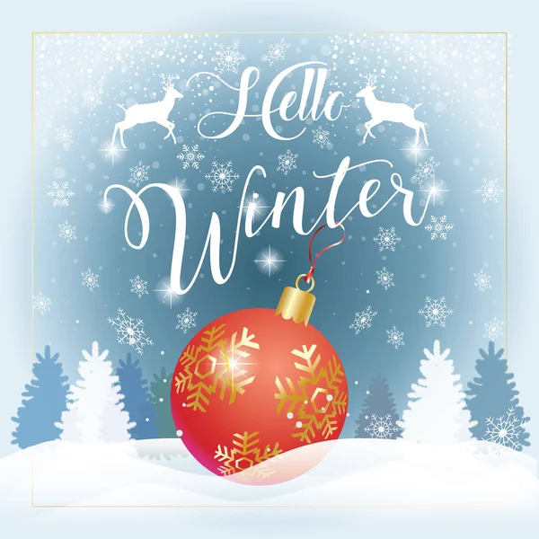 Ciao lettering invernale. Calligrafia Vettore Buon Natale e Felice Anno Nuovo biglietti di auguri sfondo con neve, abete, scintilla, fiocchi di neve 3D elementi decorativi icone. Addobbi natalizi. Winter Holiday poster modello invito segno banner — Vettoriale Stock