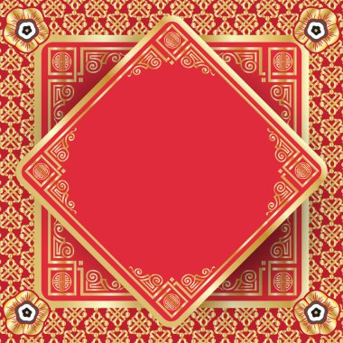 Çin Yeni Yılı 2022. Bayram tebrik kartı geçmişi geleneksel süs, horoz ve hiyeroglifle. Asya geleneksel dekorasyonu, Hediye kartı Şablonu Vektör İllüstrasyonu Kutlama kartı poster afişi boş sayfayı imzala, dilekler için metin alanını kopyala