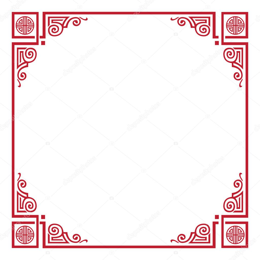 Rooster Frame. Chinese New Year 2029 of Rooster Holiday greeting card design festive frame. Vector Illustration template Red Decorative frame with traditional Chinese ornament on white background sign wallpaper poster art zodiac Asian traditions