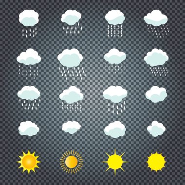 Bulutlar ve güneş ayarlayın. Bulut, güneş, bulut yağmur simgeleri şeffaf vektör çizim. Bulut, yağmur, güneş topluluğu şablon sanat, resim semboller. Hava tahmini arayüz tasarımı için. Sezon afiş.