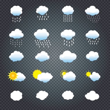 Bulutlar ve güneş ayarlayın. Bulut, güneş, bulut yağmur simgeler vektör çizim. Bulut, yağmur, güneş topluluğu şablon sanat, resim semboller. Hava tahmini arayüz tasarımı için. Sezon afiş.