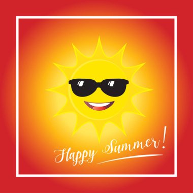 Güneş mavi gökyüzü arka plan üzerindeki güneş gözlüğü simgesiyle gülümse. Vektör çizim. Yaz poster Merhaba. Mutlu yaz, seyahat, çocuklar olay, Pazar kamp, parti, internet, web afiş, baskı, t-shirt, tropikal illüstrasyon. Hava sembolü.