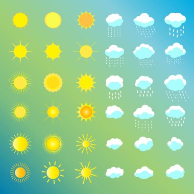 Bulutlar ve güneş ayarlayın. Bahar bulut, güneş, yağmur simgeler vektör çizim bulut. Bulut, yağmur, güneş topluluğu şablon sanat, resim semboller. Hava tahmini arayüz tasarımı için. Sezon afiş.