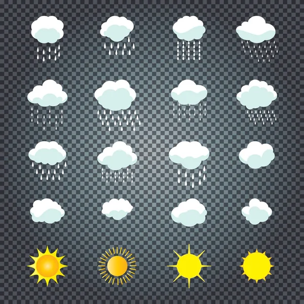 Bulutlar ve güneş ayarlayın. Bulut, güneş, bulut yağmur simgeleri şeffaf vektör çizim. Bulut, yağmur, güneş topluluğu şablon sanat, resim semboller. Hava tahmini arayüz tasarımı için. Sezon afiş.