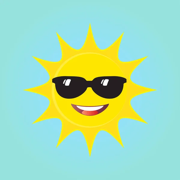 Sun smile with sunglasses icon on blue sky background. Vector illustration. Hello summer poster. Happy summer, Travel, kids event, Sunday party, camping, internet, web banners, print, t-shirt, tropical illustration. Weather symbol. — Stock Vector