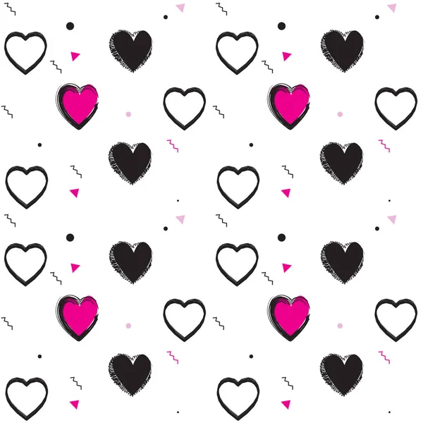 Fondo de tarjeta de felicitación del día de San Valentín. Amor corazones símbolos. Fondo de corazones dibujados a mano. Diseño de moda. Patrón de dibujo romántico del cepillo navideño. Impresión vectorial. Para la decoración de vacaciones, moda, textil, tela, invitación, aniversario, tarjeta de boda — Archivo Imágenes Vectoriales