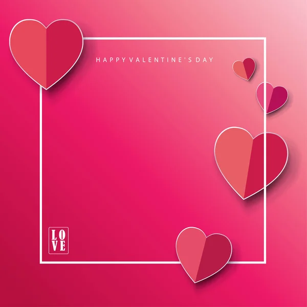 Valentine's day red heart shapes background greeting card, romantic background with cut paper hearts on pink red background. Romantic Holiday poster. Vector postcard, brochure layout. Invitation, Anniversary, wedding card, celebration, advertising — Stock Vector