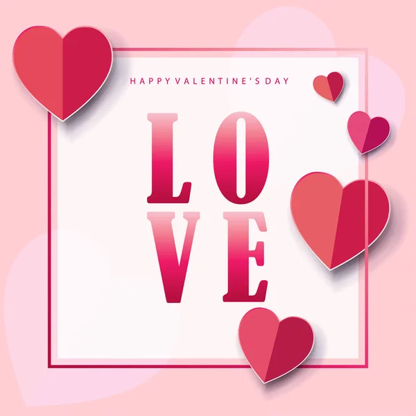 Happy Valentines Day greeting card. Calligraphy classic Vector illustration. Romantic poster with Love text logo, futuristic red heart background. Love, Wedding Day poster, banner, e-card, brochure layout. — Stock Vector