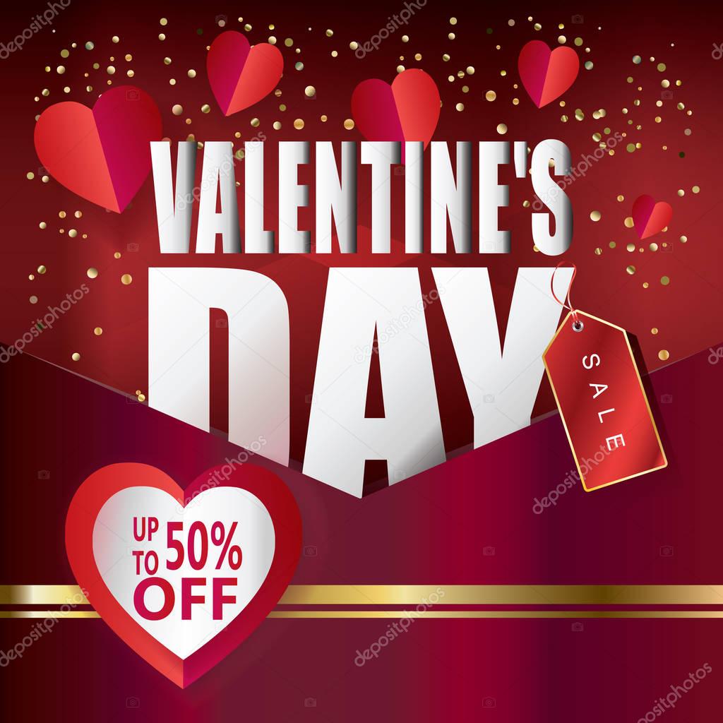 Sale discount poster for Valentines Day Advertising Vector shopping car. Romantic poster with hearts, festive background. Love, poster, banner, e-card, postcard envelope. Advertising, Marketing, Tag design, Calligraphy poster Origami Cut paper heart