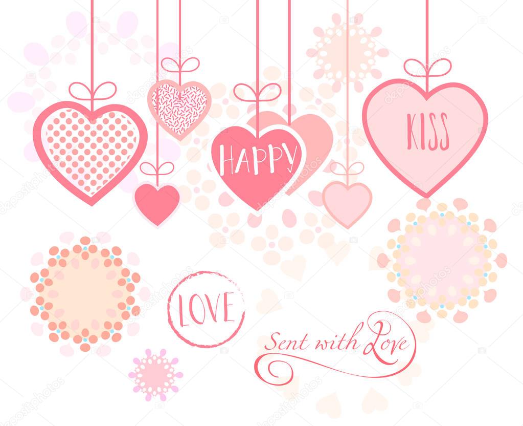 Valentines Day or Wedding Day greeting card hearts, festive pink hand made background Vector template. Romantic poster. Love, Romance Event, banner, e-card, Typography postcard envelope. Advertising, Calligraphy retro design