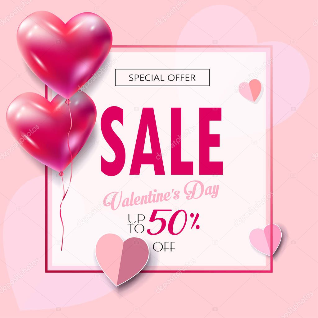 Sale discount banner for Valentines Day. Vector template. Special offer poster with heart balloons, festive background. Love, poster, banner, coupon, voucher, Typography Gift card Advertising design