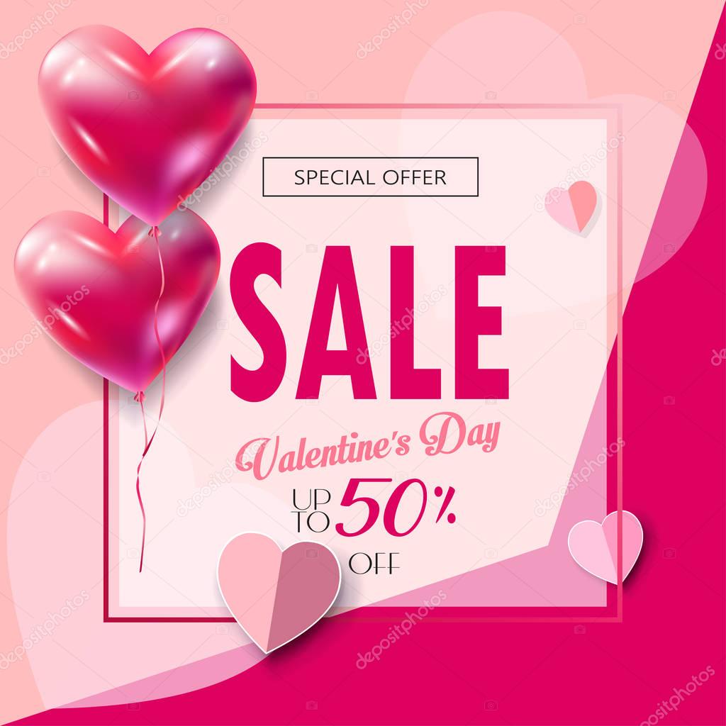 Sale discount banner for Valentines Day. Vector template. Special offer poster with heart balloons, festive background. Love, poster, banner, coupon, voucher, Typography Gift card Advertising design