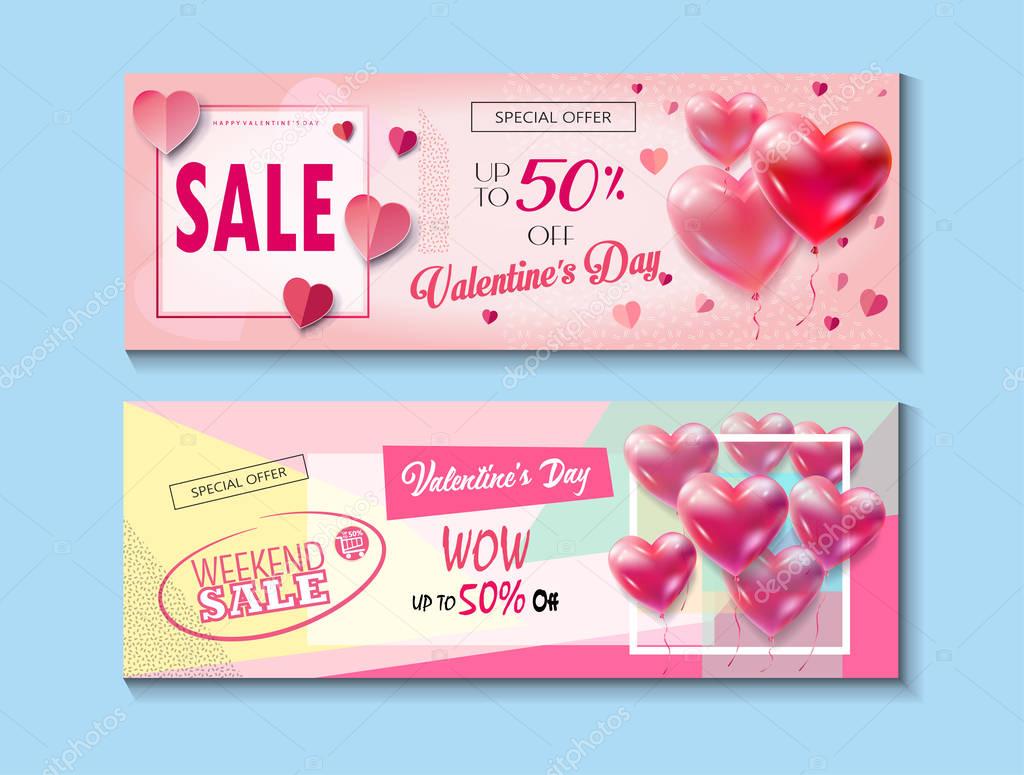 Sale discount banner for Valentines Day set. Vector template. Special offer poster with heart balloons, price tags, festive background. Love, poster, banner, coupon, voucher, price tag. Set of Typography Gift card Advertising design