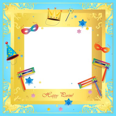 Mutlu Purim karnaval, Festival, maskeli balo müzik poster, davet tatil parti afiş tasarımı. Vektör Yahudi tatil. Çocuk komik el ilanı, afiş, Banner, konfeti, karnaval maskesi, taç, garland, havai fişek, müzik ile tasarım şablonu