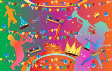 Mutlu Purim karnaval, Festival, maskeli balo müzik poster, davet tatil parti afiş tasarımı. Vektör Yahudi tatil. Çocuk komik el ilanı, afiş, Banner, konfeti, karnaval maskesi, taç, garland, havai fişek, müzik ile tasarım şablonu