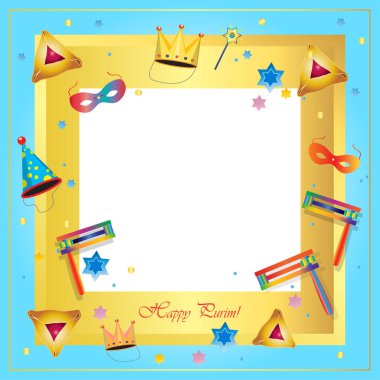 Mutlu Purim festival çerçeve. Purim Yahudi tatil dekoratif poster geleneksel hamantaschen Çerezler, oyuncak grogger şenlikli, karnaval maskesi, taç, Festival konfeti arka plan ile. Tatil dekorasyon, şablon poster, afiş, broşür, el ilanı, invitat