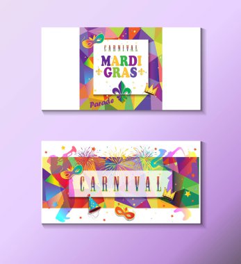Mardi Gras Carnival, Müzik Festivali, Maskeli Poster, davetiye tasarım seti. Vektör Funfair, geçit komik biletleri, konfeti ile afiş tasarımı, müzisyenler, karnaval maskesi, taç, fleur de lis maskeli semboller amblemi