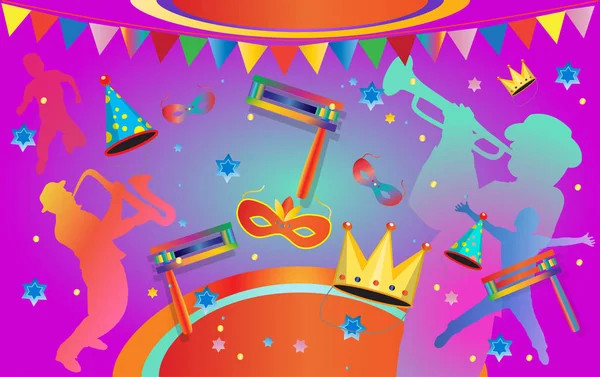 Happy PURIM Carnival, Festival, Masquerade Music poster, invitation Holiday Kids party poster design. Vector Jewish Holiday. Children Event funny flyer, placard, banners, template design with confetti, carnival mask, crown, garland, fireworks, music — Stock Illustration Happy PURIM Carnival, Festival, Masquerade Music poster, invitation Holiday Kids party poster design. Vector Jewish Holiday. Children Event funny flyer, placard, banners, template design with confetti, carnival mask, crown, garland, fireworks, music Stock Vector
