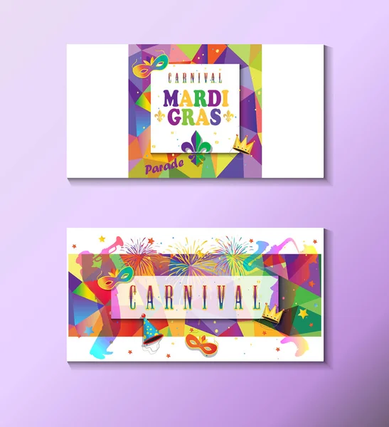 Carnaval de Mardi Gras, Festival de Música, Cartel de Mascarada, Conjunto de diseño de invitación. Vector Funfair, desfile de entradas divertidas, diseño de pancartas con confeti, músicos, máscara de carnaval, corona, emblema de máscara de flor de lis — Vector de stock