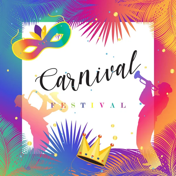 Mardi Gras carnaval, muziek festival, maskerade poster, uitnodiging ontwerp. Rio de Janeiro Brazilië vector kermis, Parade grappige tickets, banners ontwerp met confetti, muzikanten, carnaval masker, kroon, maskerade symbolen, Limburg, Nederland, Salvador — Stockvector