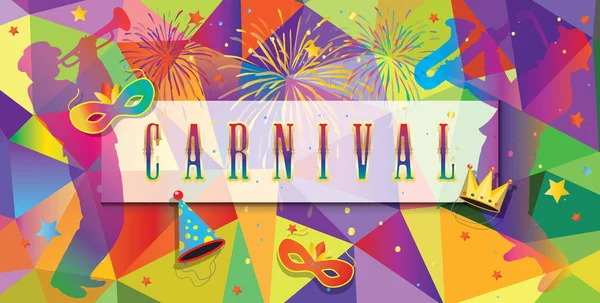 Carnaval de Mardi Gras, Festival de Música, Cartel de máscaras, diseño de invitaciones. Vector Funfair, desfile de entradas divertidas, pancartas de diseño confeti, músicos, máscara de carnaval, corona, flor de lis símbolos mascarada, Río de Janeiro Brasil, emblema, New Orlean — Vector de stock