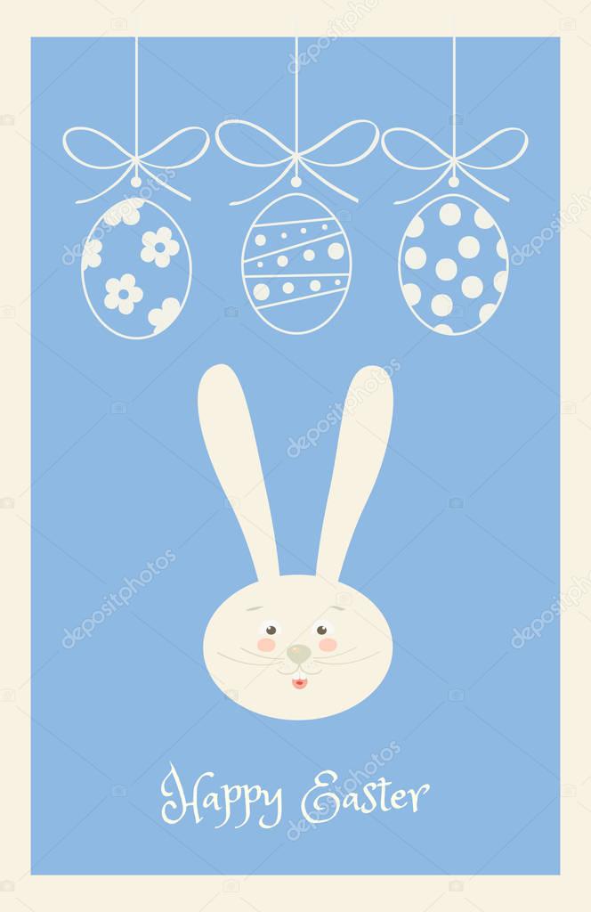 Happy Easter Holiday, Easter Egg and Rabbit and ribbon, Easter Bunny. Greeting card background. Cute Rabbit Flat retro. Vector Illustration, vintage style. For Art Print Fashion, Web design Decoration