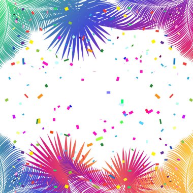 Karnaval, Müzik Festivali, maskeli balo afiş, davetiye tasarım. Tasarım confetticarnival dekorasyon palm ile çerçeve bırakır. Egzotik çiçek